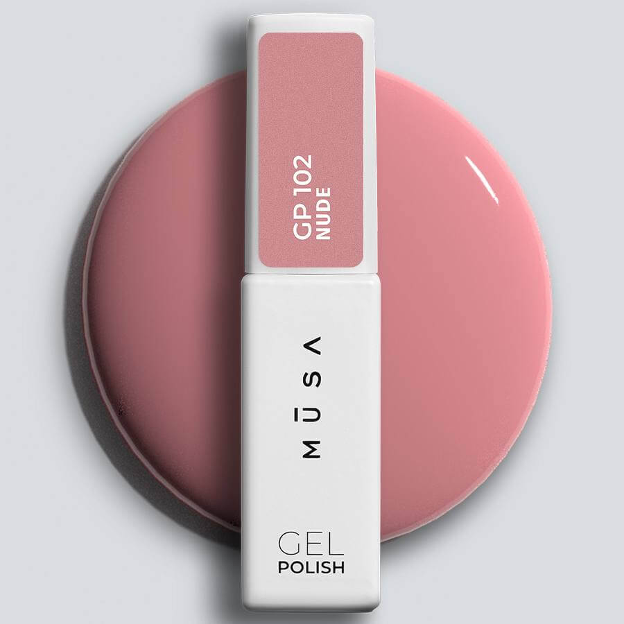 Colección Nude de Musa Nails - Esmaltes Semipermanentes en Rosa Empolvado Oscuro, Rosa Empolvado, Nude Beige, Rosa Frío, Rosa Melocotón y Nude Rosado con Gloss Top Gel incluido