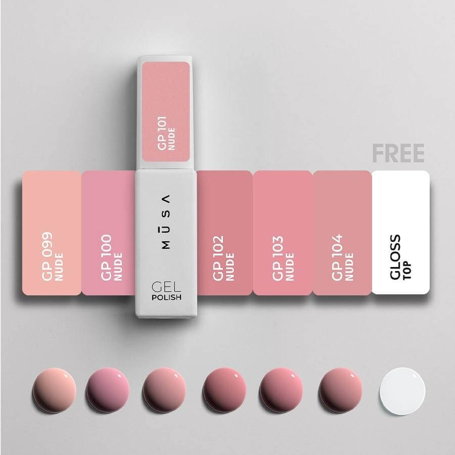 Coleccion Nude de Musa Nails compuesta por 6 esmaltes extra pigmentados hema free y un gloss top de regalo
