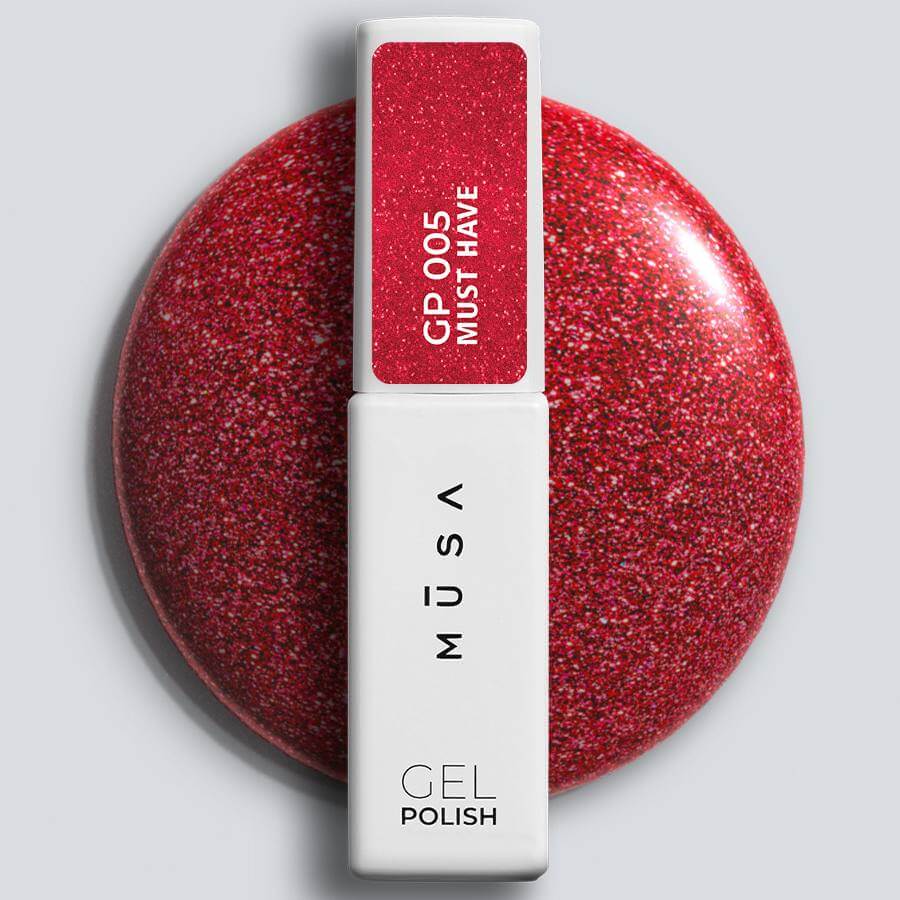Gel Polish Semipermanente Rojo con microglitter GP005 de la línea MUST HAVE, diseñado para una cobertura perfecta y un brillo duradero