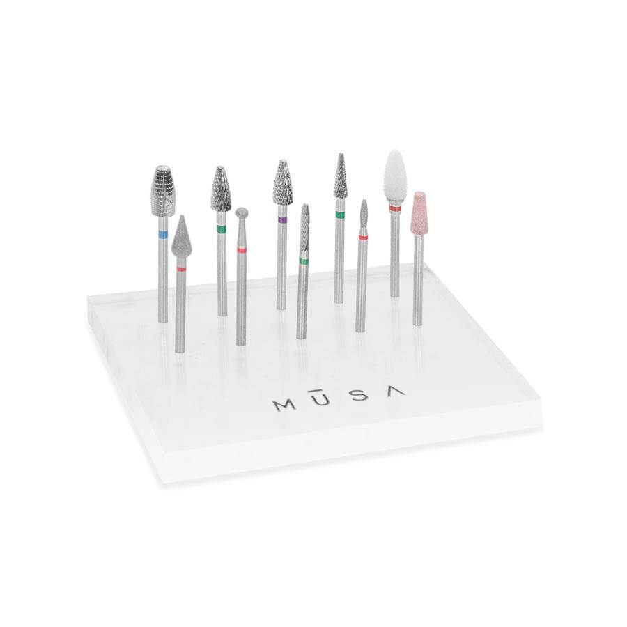 Expositor de fresas con 20 ranuras, soporte ideal para brocas de manicura y pedicura, seguro y ordenado.