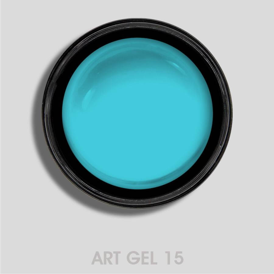 Art Gel Turquesa 15 en un vibrante color turquesa, ideal para crear diseños de nail art duraderos y precisos.