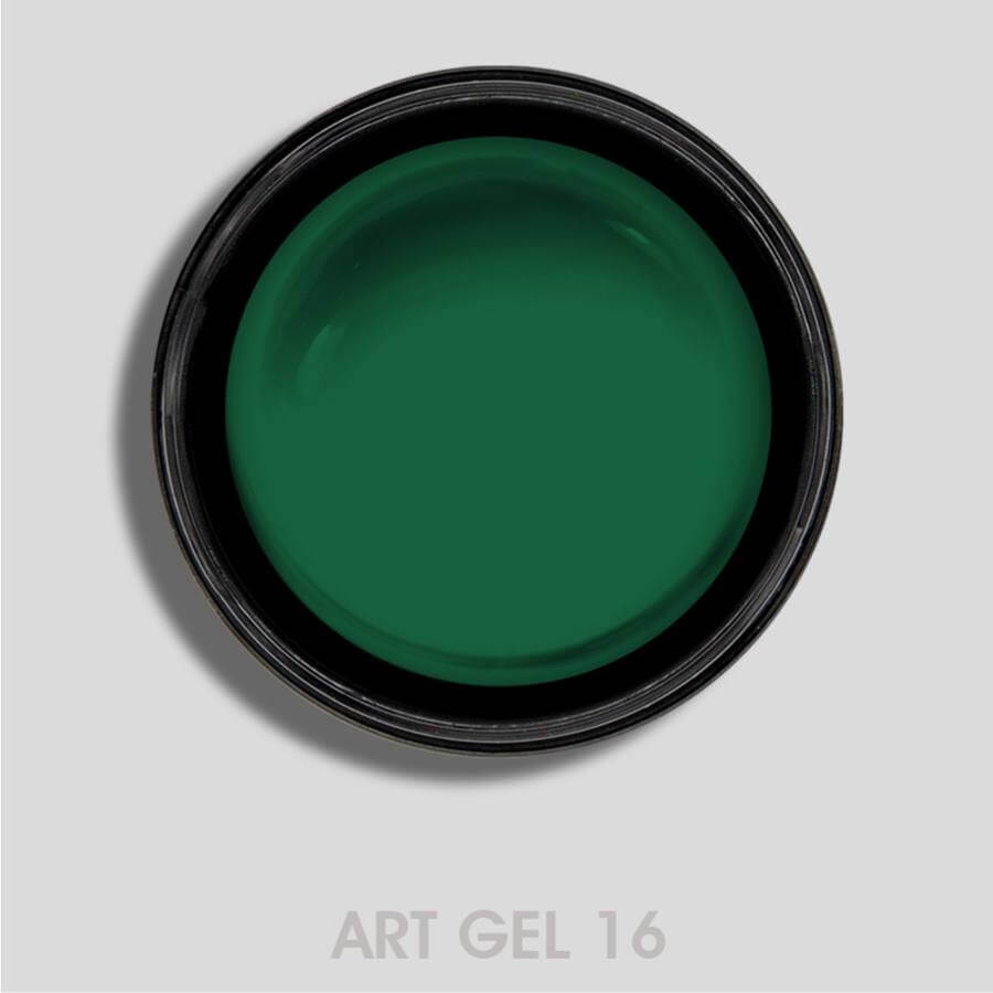 Art Gel Verde Bosque 16 en un tono verde profundo y elegante, ideal para manicuras sofisticadas y detalladas.