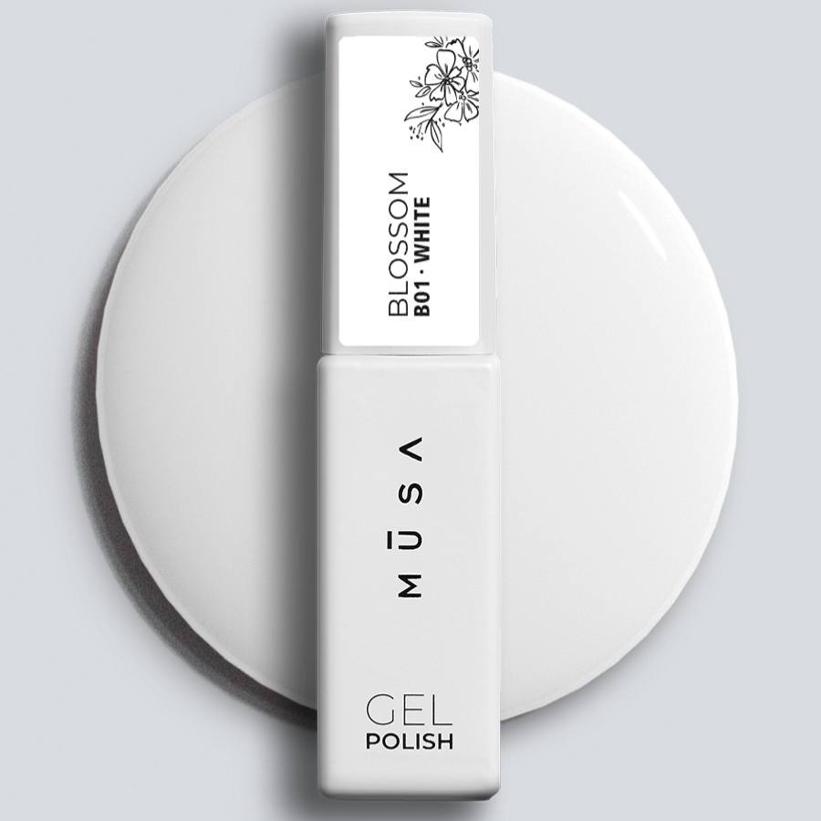Blossom Gel Blanco con frasco de vidrio ecológico y diseño ergonómico, ideal para nail art con efectos acuarela y mármol.