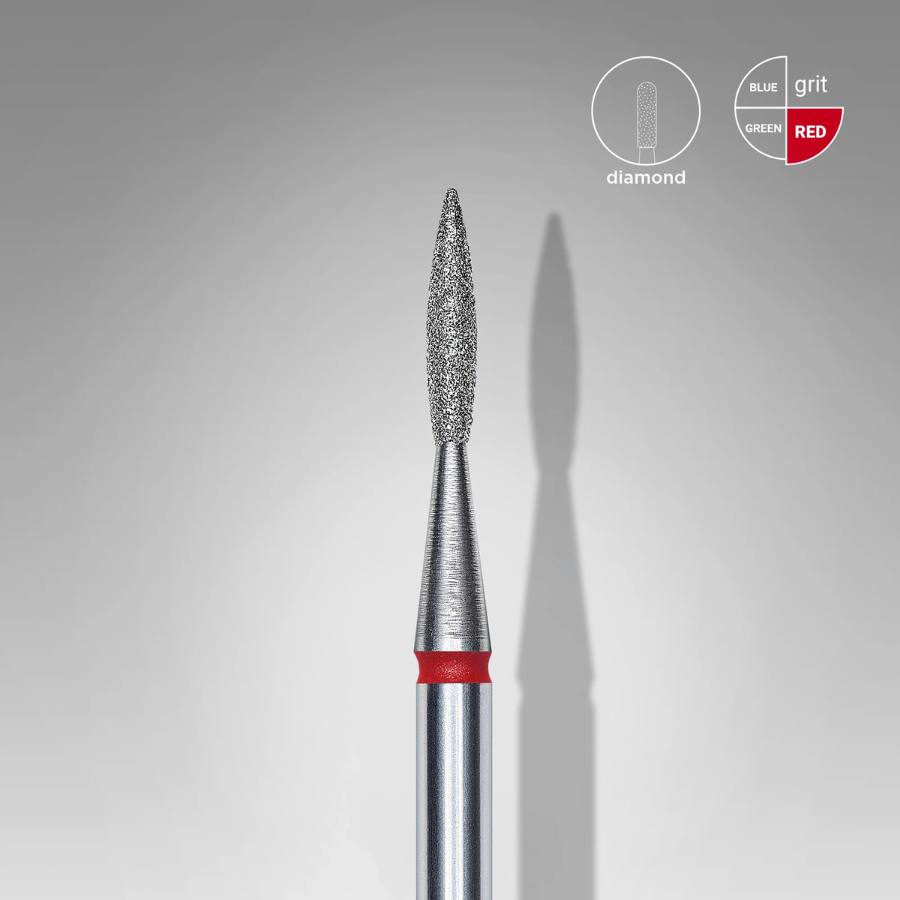 Fresa de Diamante Llama Afilada Roja 1.6 mm, ideal para cutículas y callos, reutilizable y esterilizable, precisión y calidad en cada uso.