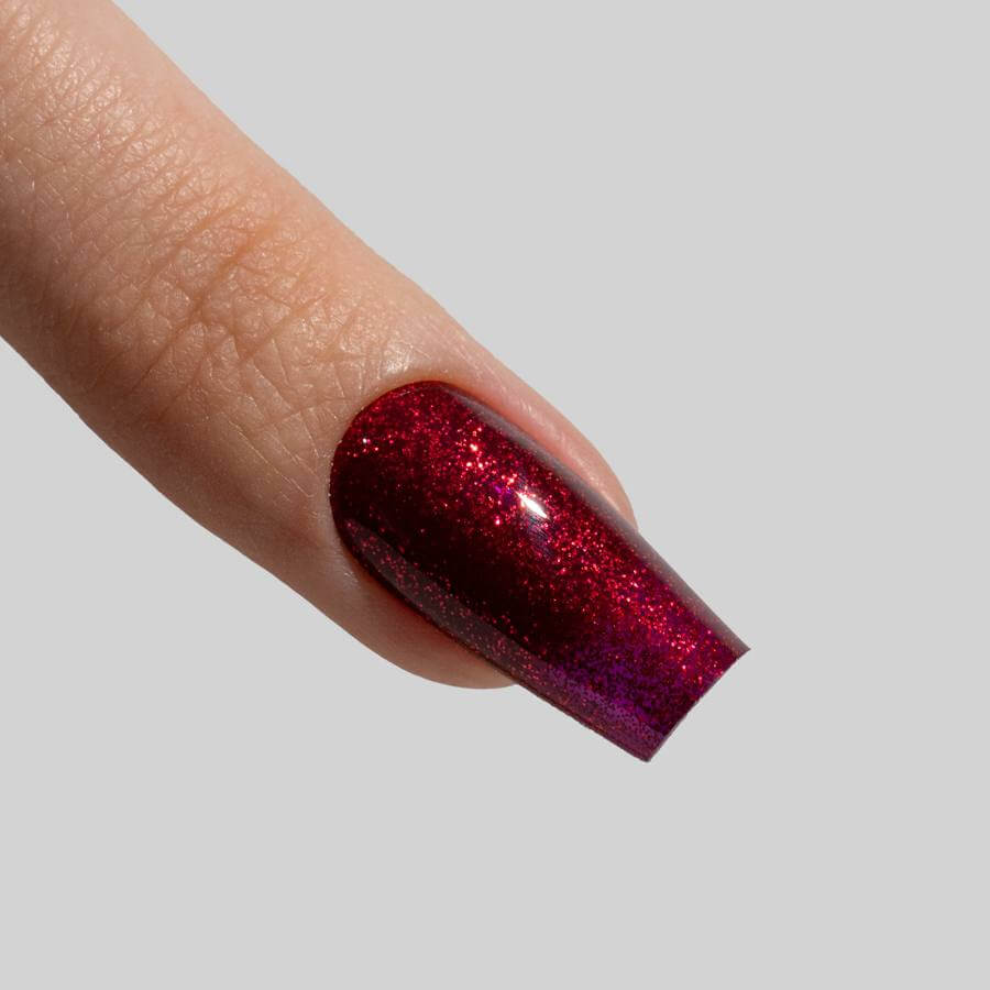 Esmalte Semipermanente SUNSET Rojo Rubí con Purpurina en envase de 7 ml, esmalte semipermanente con efecto purpurina de alta cobertura.