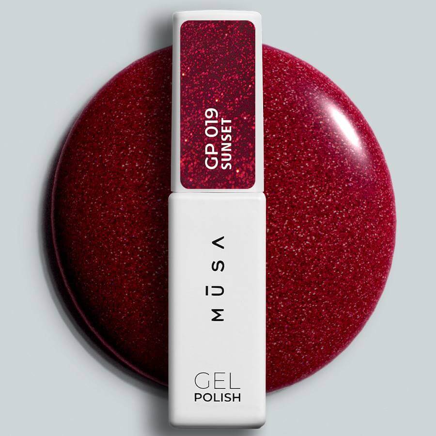 Esmalte Semipermanente SUNSET Rojo Rubí con Purpurina en envase de 7 ml, esmalte semipermanente con efecto purpurina de alta cobertura.
