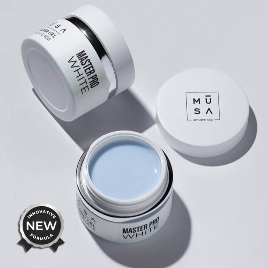 Gel Builder Master Pro White de alta viscosidad, cobertura impecable y nivelación automática; ideal para extensiones de longitud media y rellenos sin limado