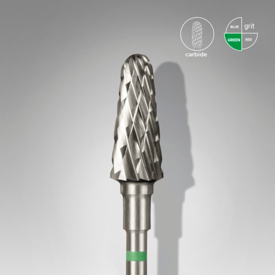 Fresa de Carburo Cono Truncado Verde 6 mm, rápida eliminación de gel, acrygel y acrílico, reutilizable y esterilizable.
