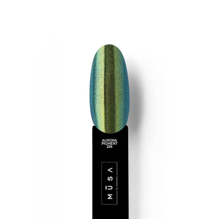 Pigmento Aurora Green Yellow 256 para nail art con efecto espejo verde y amarillo