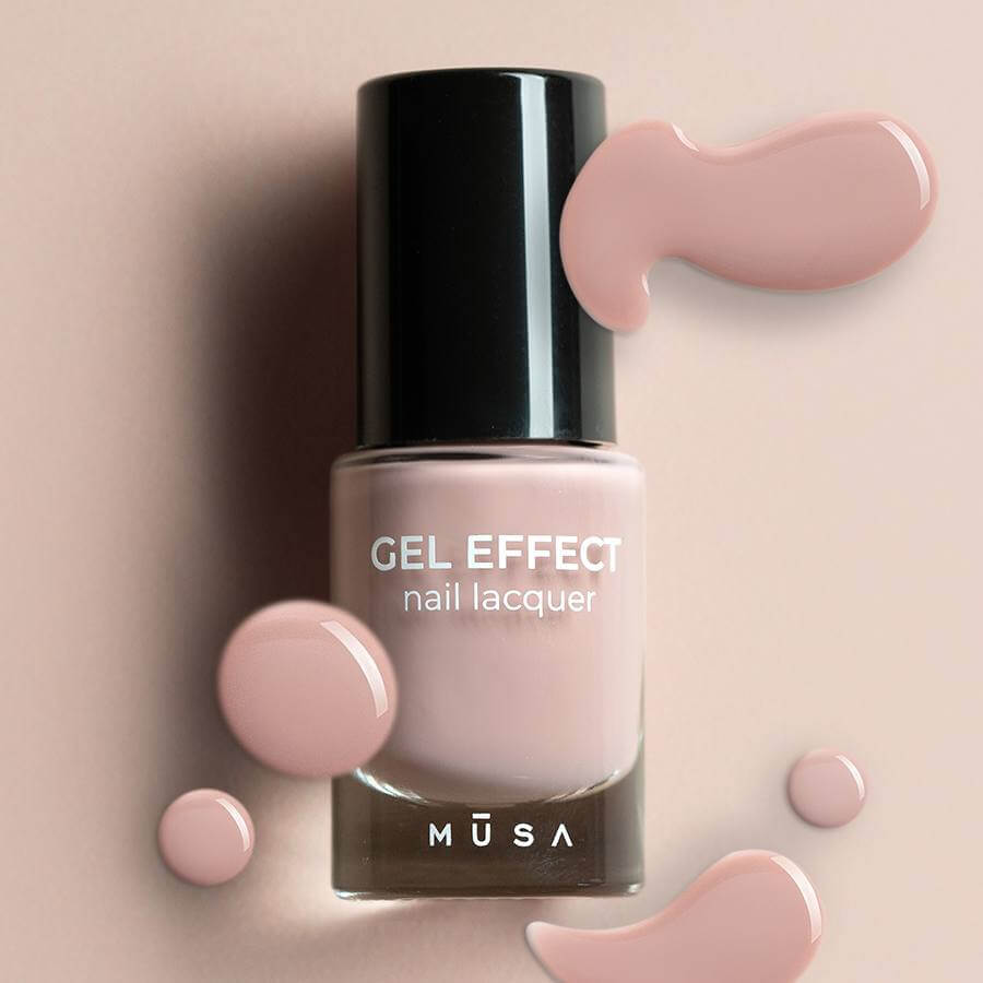 Esmalte Gel Effect 20 - Rosa Cuarzo de Musa Nails en frasco de vidrio reciclable, mostrando su elegante tono rosa suave.