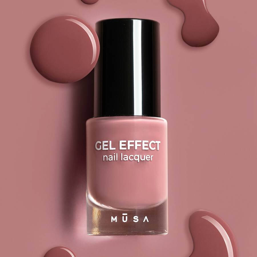 Esmalte Gel Effect 26 - Rosa Taupe de Musa Nails en frasco de vidrio reciclable, mostrando su elegante tono neutro y sofisticado.