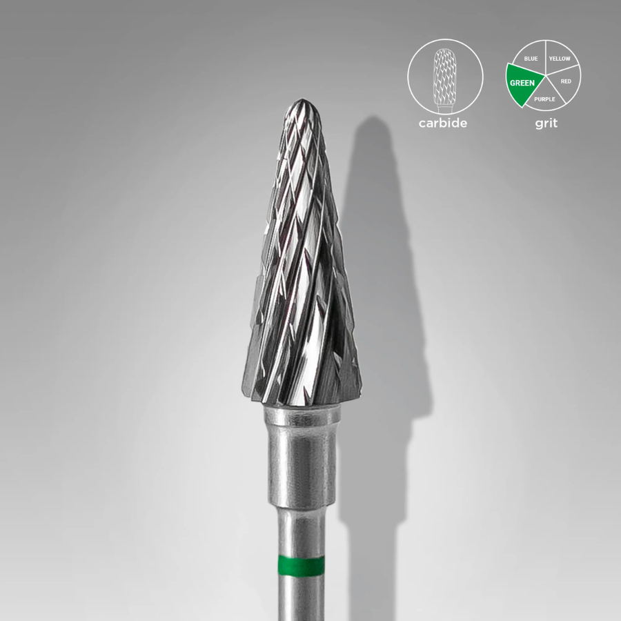 Fresa Staleks Carburo Cono Verde de 6mm de diámetro y 14mm de longitud, herramienta profesional para eliminar materiales artificiales en manicura y pedicura.