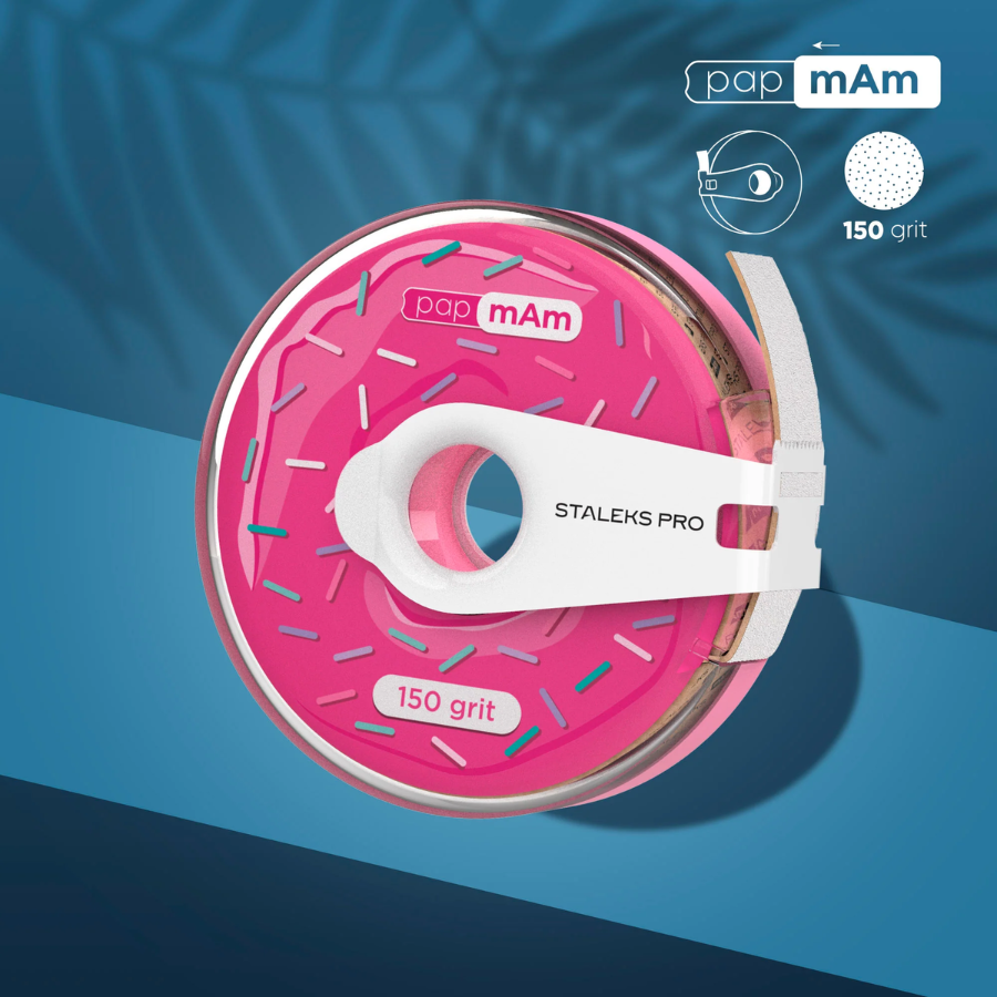 Lima Desechable con Cortador Staleks Donut PapmAm en rollo de 8 metros, disponible en rugosidades de 100, 150, 180 y 240 grit, compatible con bases Staleks.