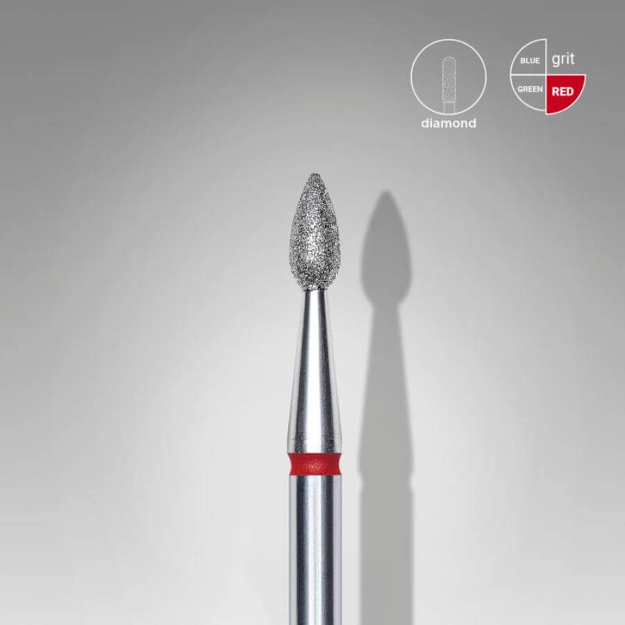 Fresa de Diamante 1.6 mm Gota Roja para manicura y pedicura profesional, ideal para cutículas y grietas.