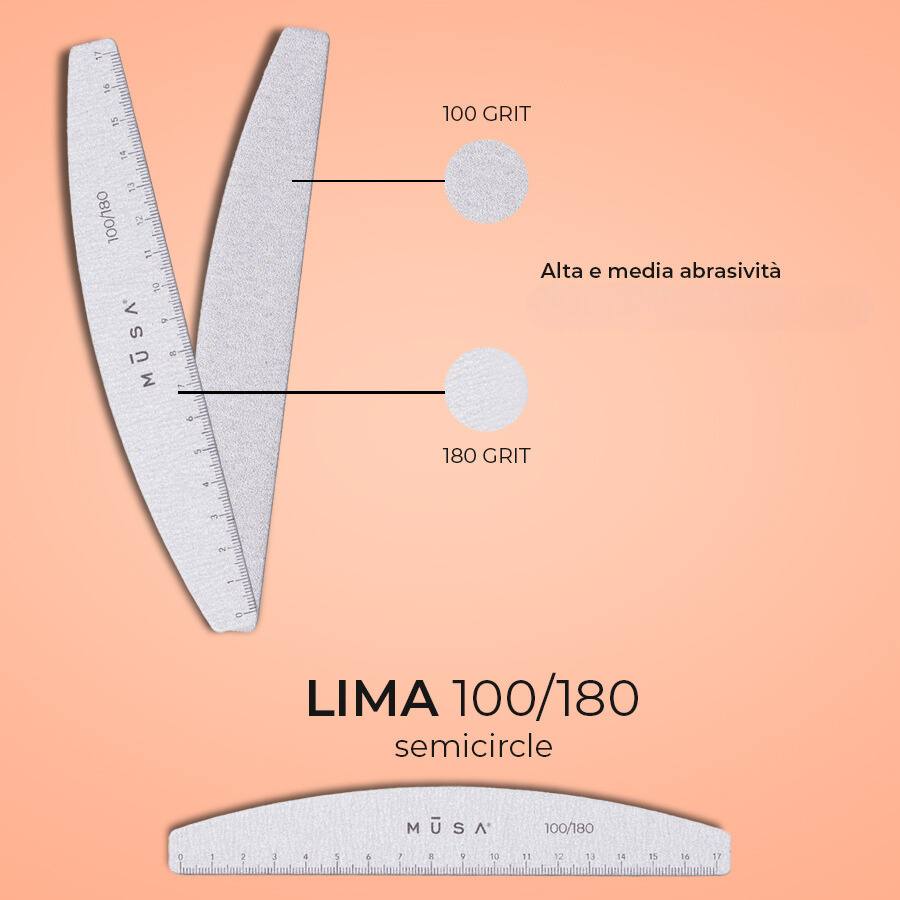 Lima Media Luna con regla. Doble cara grano 100/180, ideal para eliminar gel y dar forma a las uñas.
