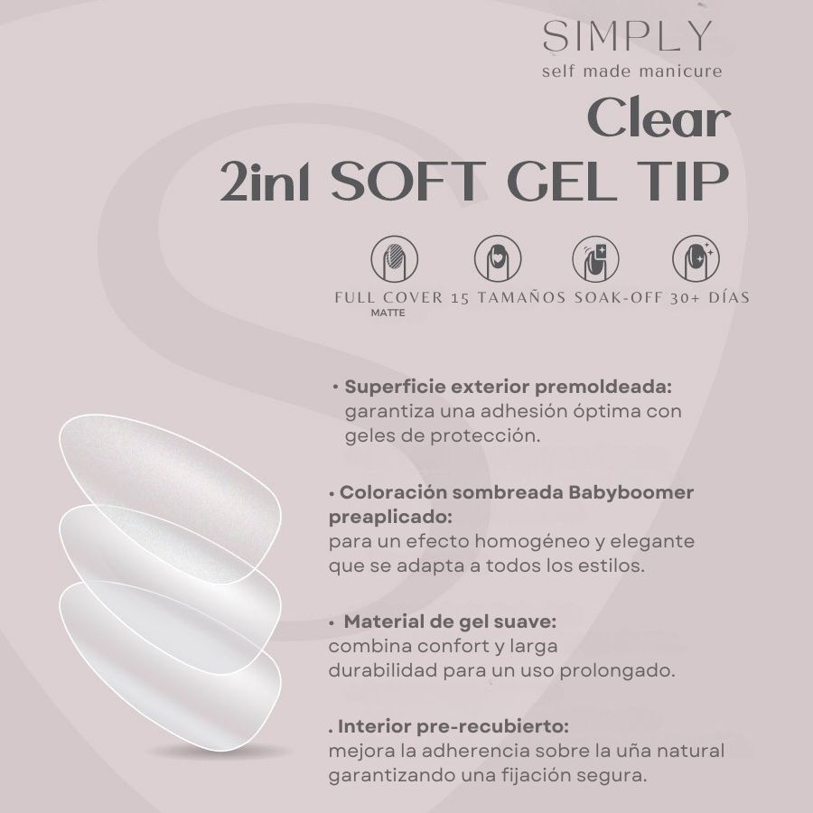 Tips Soft Gel Press On Clear Almendra Media, una opción natural y personalizable para manicuras duraderas.