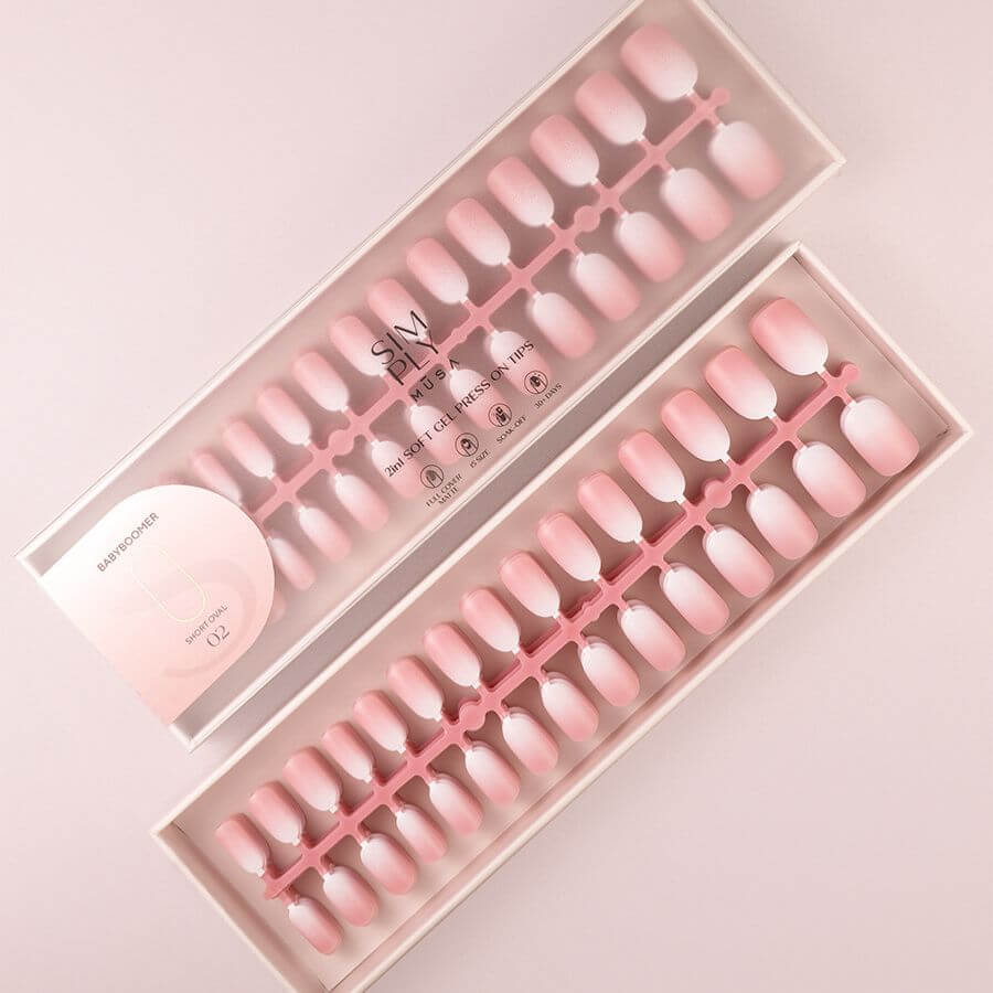 Tips Soft Gel Press On Baby Boomer Oval Corta 02 Pink para una manicura natural en tonos rosa, duradera y fácil de aplicar.