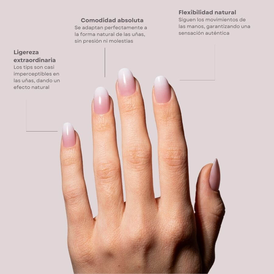 Tips Soft Gel Press On Baby Boomer Oval Corta 02 Pink para una manicura natural en tonos rosa, duradera y fácil de aplicar.
