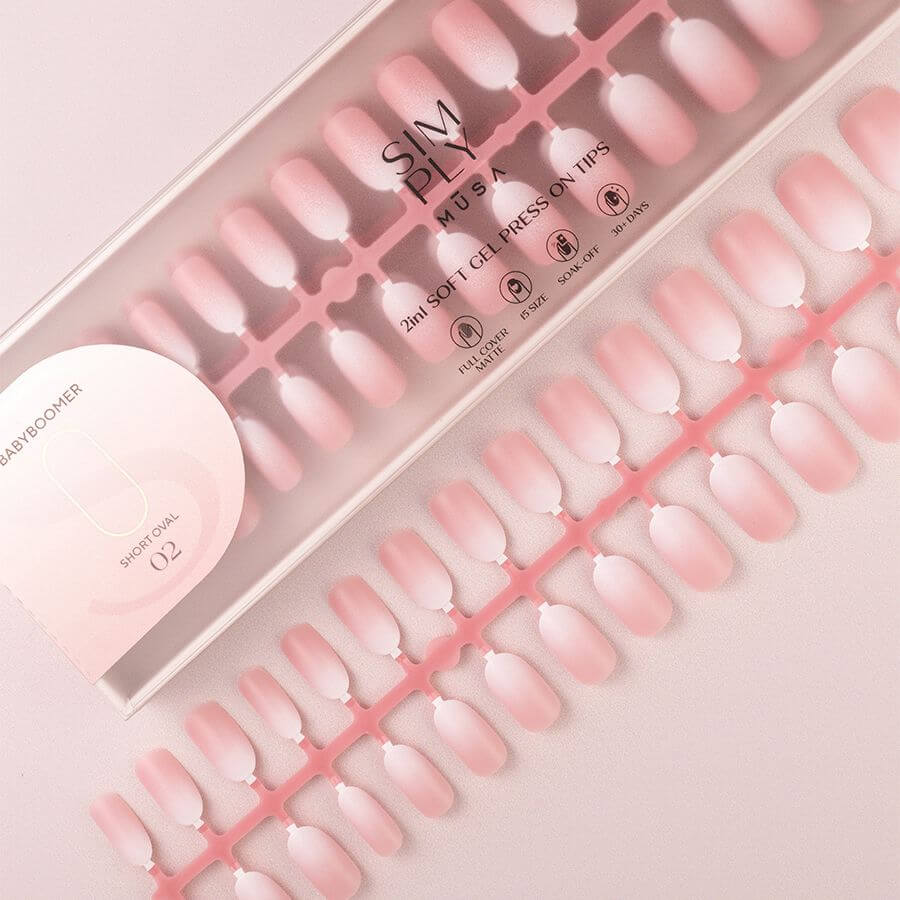 Tips Soft Gel Press On Baby Boomer Oval Corta 02 Pink para una manicura natural en tonos rosa, duradera y fácil de aplicar.
