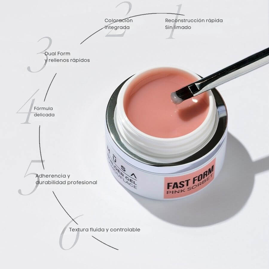 Envase de FAST FORM Builder Gel de 15 ml en tono rosa, gel constructor autonivelante para uñas con fórmula HEMA-Free, ideal para reconstrucción sin limado.