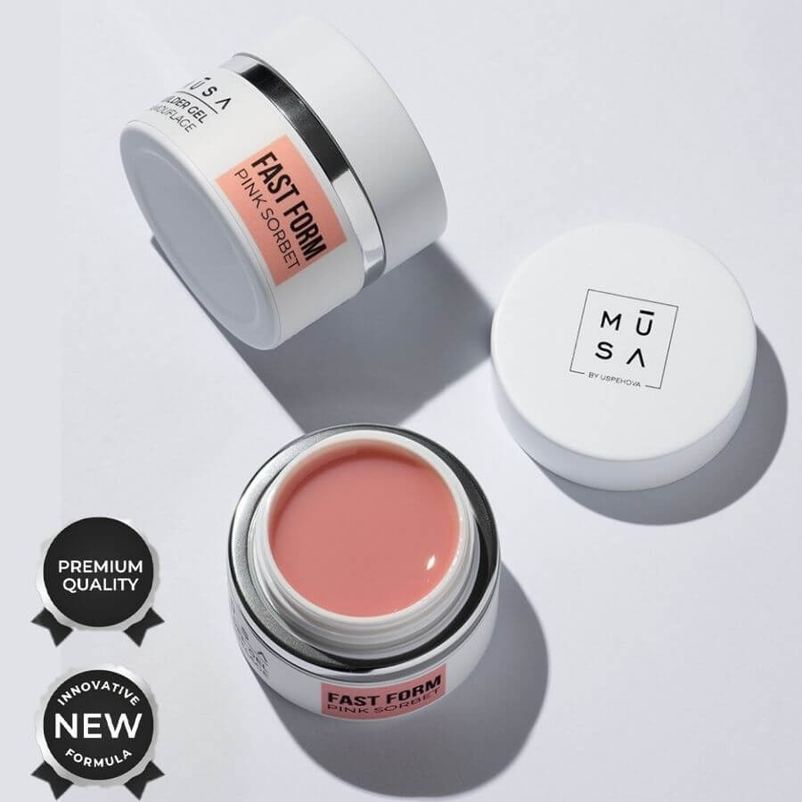 Envase de FAST FORM Builder Gel de 15 ml en tono rosa, gel constructor autonivelante para uñas con fórmula HEMA-Free, ideal para reconstrucción sin limado.