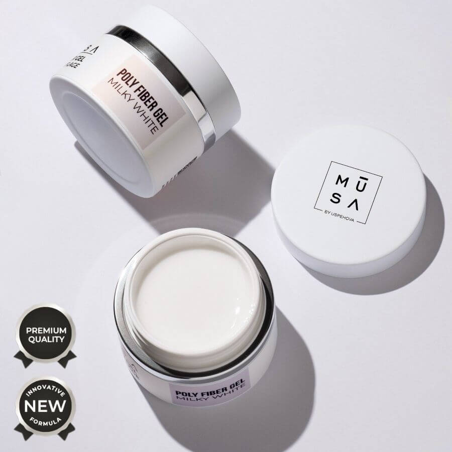 Poly Fiber Gel Milky White para reconstrucción de uñas con acabado blanco lechoso