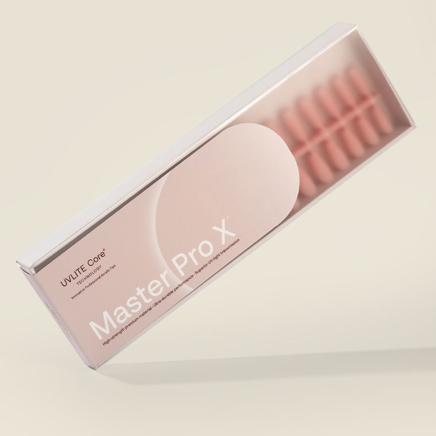 Acrylic Gel Tip Master Pro X® Cover Nude Coffin Corta para manicura profesional, tips de acrylic gel resistentes con acabado mate y forma coffin corta